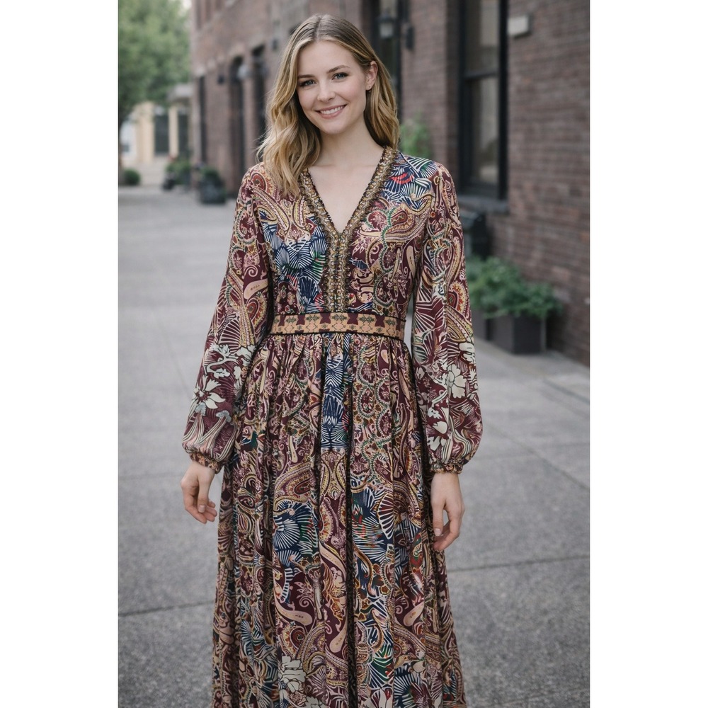 Dex Womens Paisley Maxi Dress Burgundy Navy Beaded V-Neck Side Zip Size SP NWT